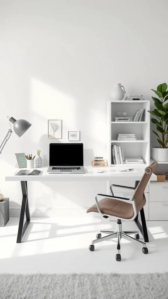 A minimalist home office featuring a white desk, modern chair, and organized shelves with a plant.