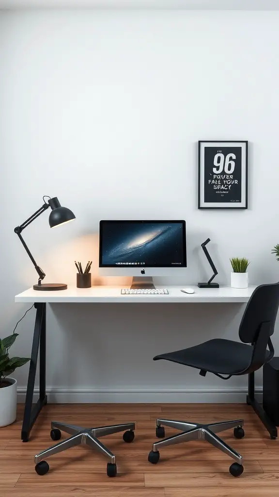 A minimalist home office desk setup featuring a white desk, a black chair, a desk lamp, and a small plant.