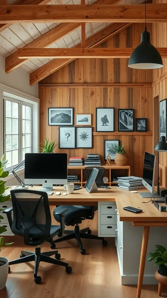 A stylish farmhouse home office featuring wooden paneling, modern furniture, and greenery.