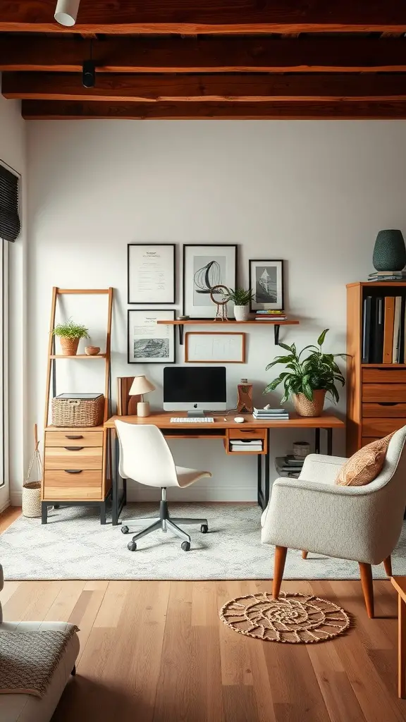 A cozy home office featuring a mix of modern and vintage elements, including a wooden desk, white chair, and decorative items.