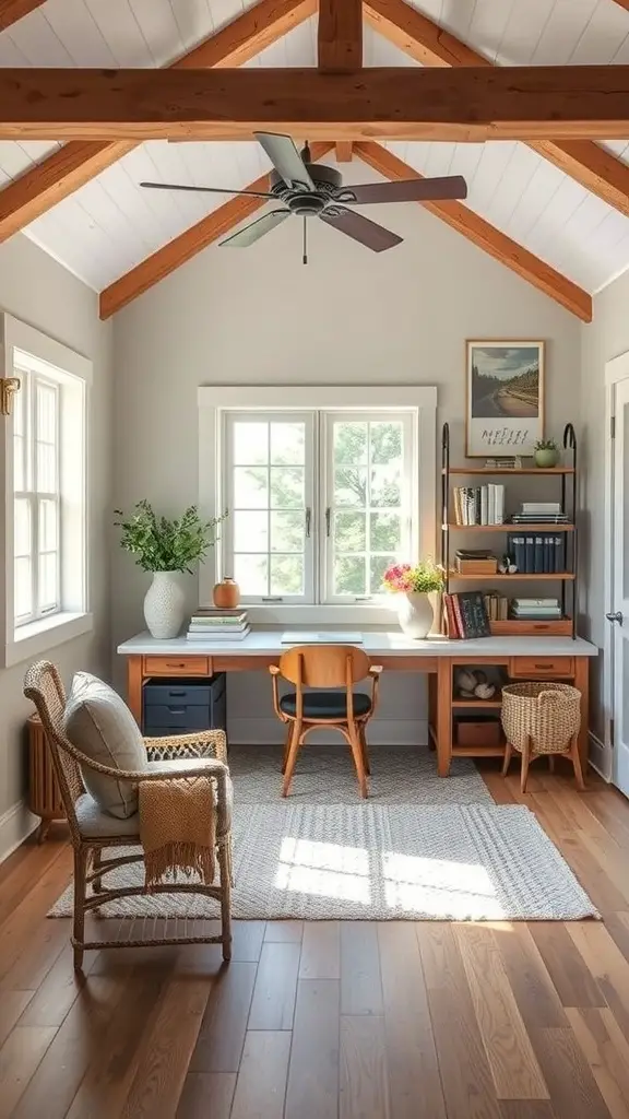A farmhouse home office with wooden beams, a modern desk, and a cozy chair.