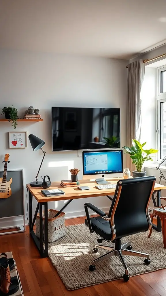 A cozy home office with a desk, computer, and a TV, blending work and leisure.