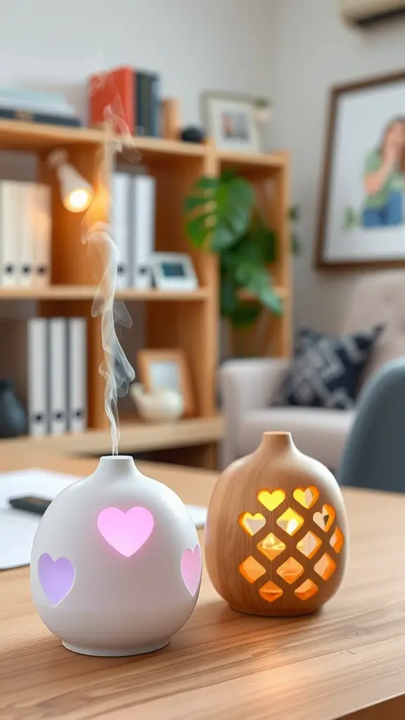 Two decorative essential oil diffusers on a desk, one white with heart cutouts and one wooden, emitting aromatic mist