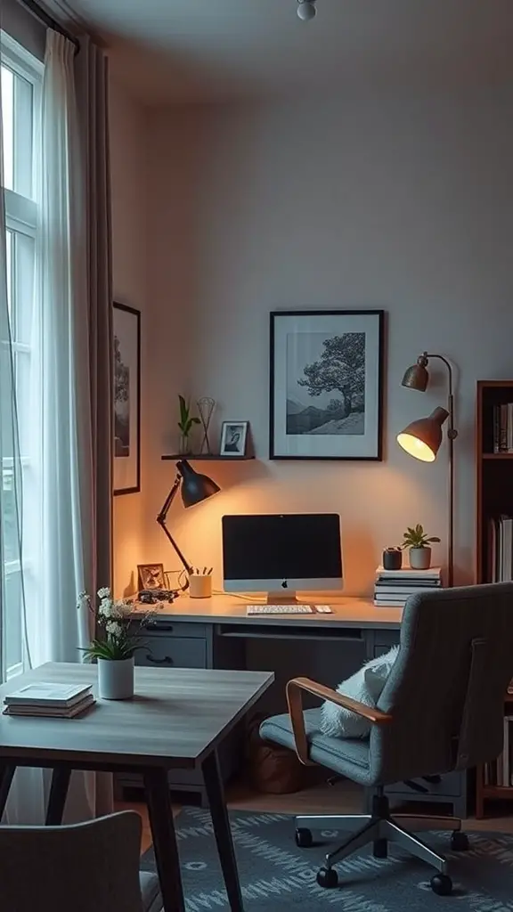 A cozy home office with warm lighting, desk, and plants.