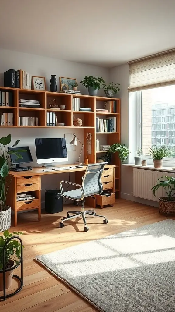 A well-organized home office featuring a wooden desk with storage, a comfortable chair, bookshelves filled with books and decor, and several indoor plants.