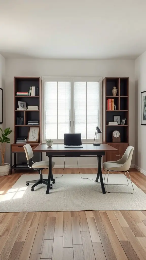 A modern home office featuring a desk, two chairs, and bookshelves, all in neutral tones.