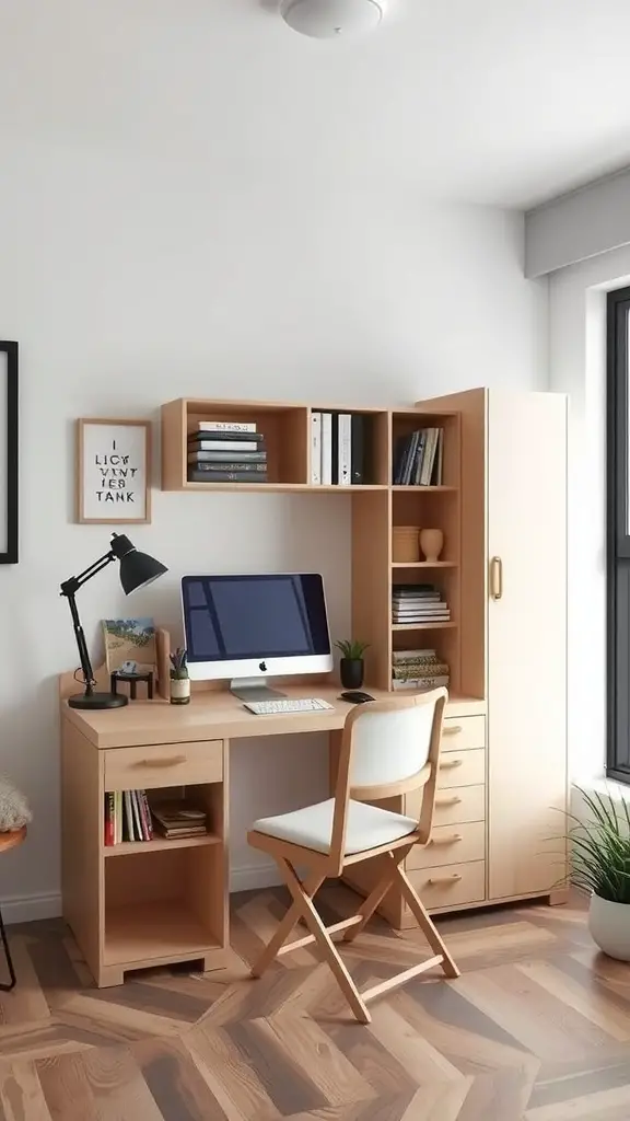A small office setup featuring a wooden desk with a computer, a foldable chair, and storage solutions.