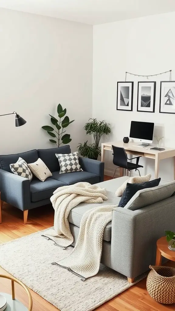 A multifunctional home office and TV room featuring a sofa bed, modern desk, and decorative elements.