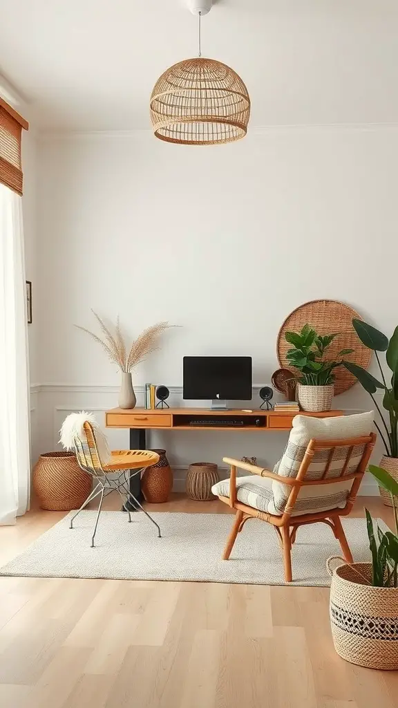 A neutral home office featuring natural textures with wooden furniture, a woven light fixture, and plants.