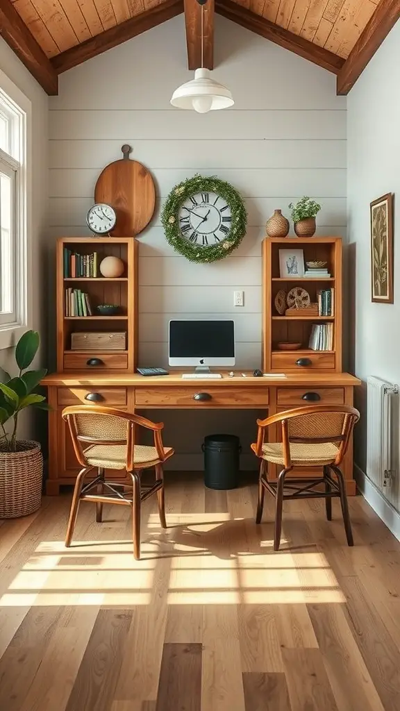 A rustic farmhouse home office featuring wooden furniture, a large desk, and natural decor.