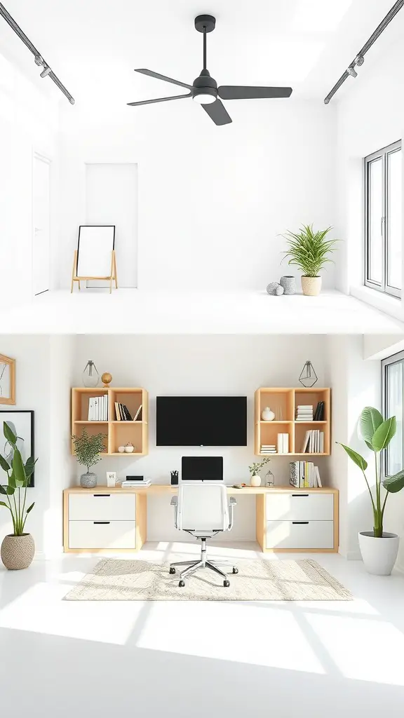 A split image showing an open and a closed layout for a home office, featuring a minimalist design in neutral colors.