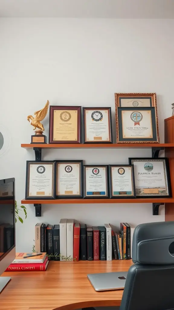 Home office desk with a shelf displaying awards and books