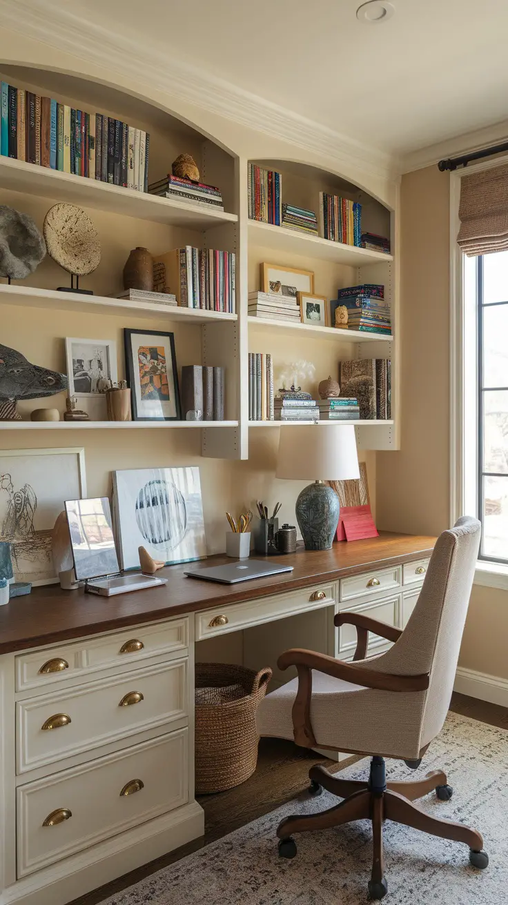 A modern home office with personalized decor elements including bookshelves, art, and a cozy workspace.