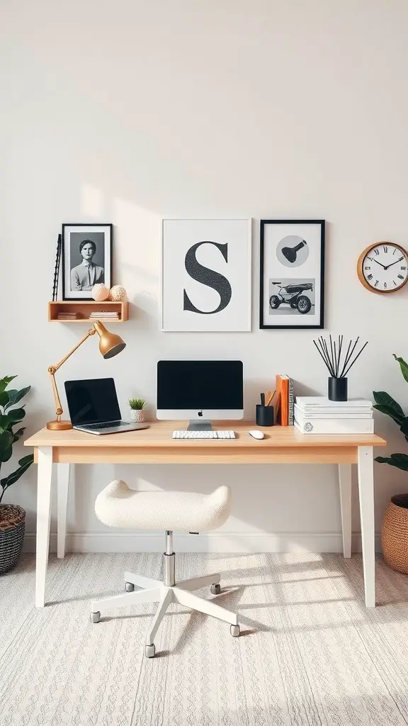 A modern neutral home office setup with a desk, computer, and personalized accessories.