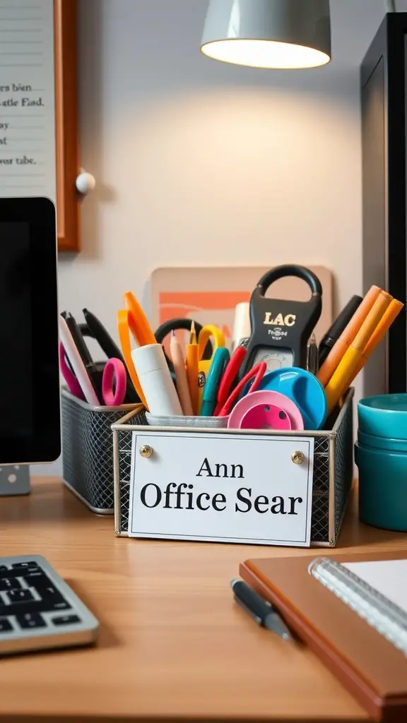 A personalized desk organizer filled with colorful office supplies and a name label.