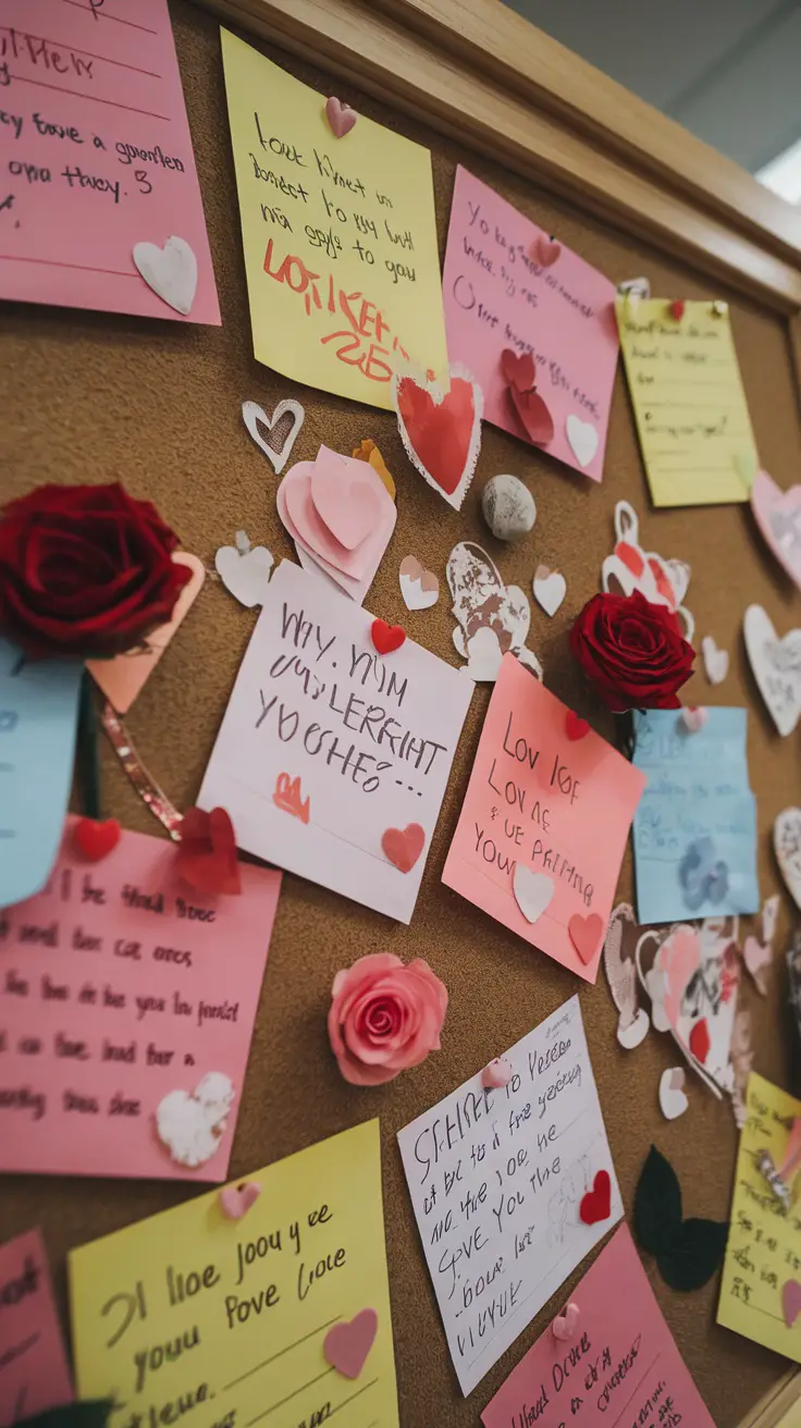 A bulletin board decorated with heart-shaped notes and love messages for Valentine's Day.