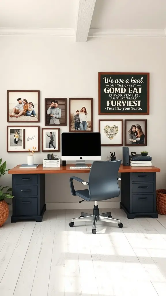 A cozy farmhouse home office featuring personalized wall art and prints