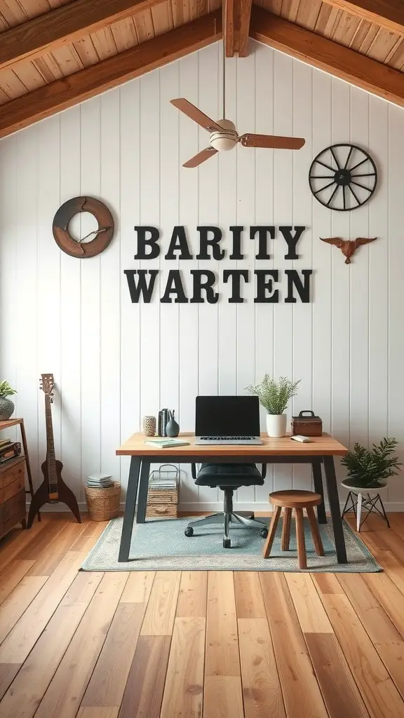 A cozy farmhouse home office with rustic decor, featuring a desk, chair, and decorative wall elements.