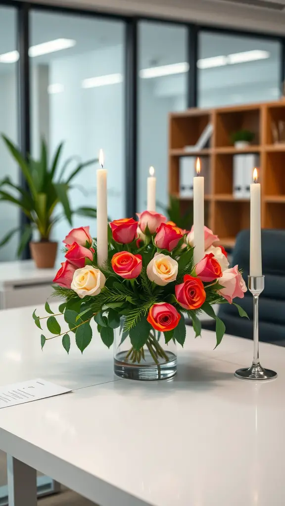 A romantic desk centerpiece featuring a floral arrangement of roses and candles in a modern office setting.