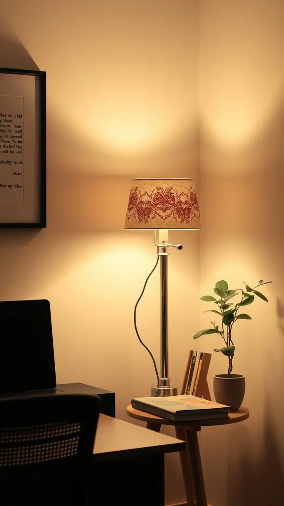Cozy home office corner with a stylish lamp, warm light, and a small potted plant.
