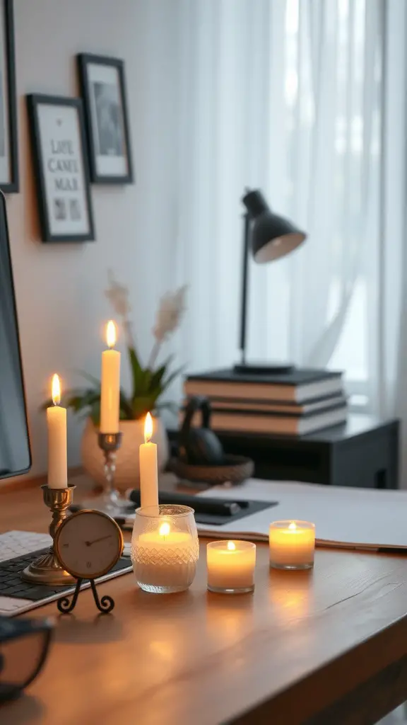 A cozy home office decorated with seasonal candles and soft lighting