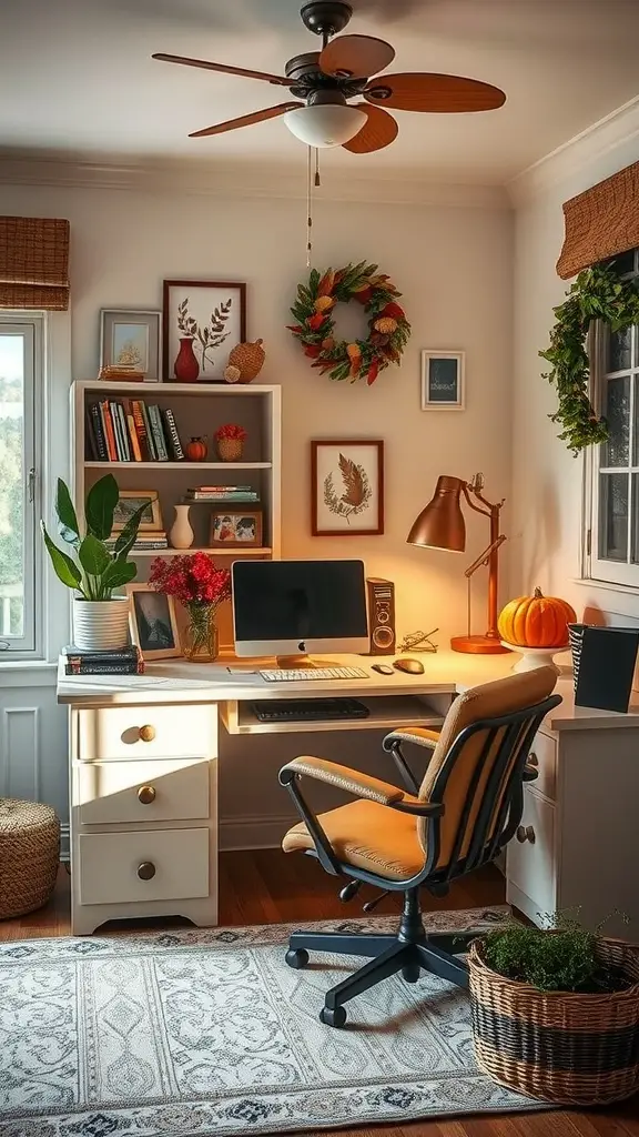 A cozy home office with seasonal decor including a pumpkin, flowers, and a wreath.