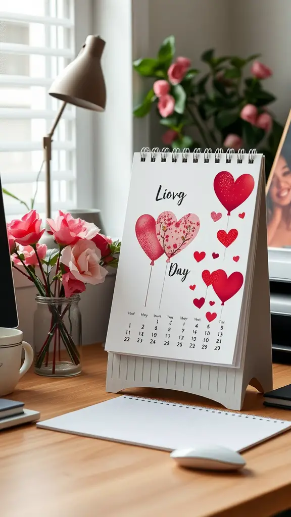 A desk calendar with a Valentine's Day theme, featuring hearts and balloons, next to a vase of pink roses on a wooden desk.