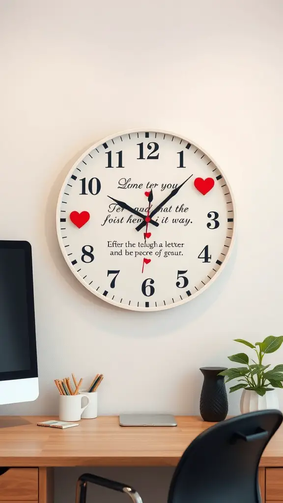 A decorative wall clock with a heart theme, showing the time in a cozy home office setting.