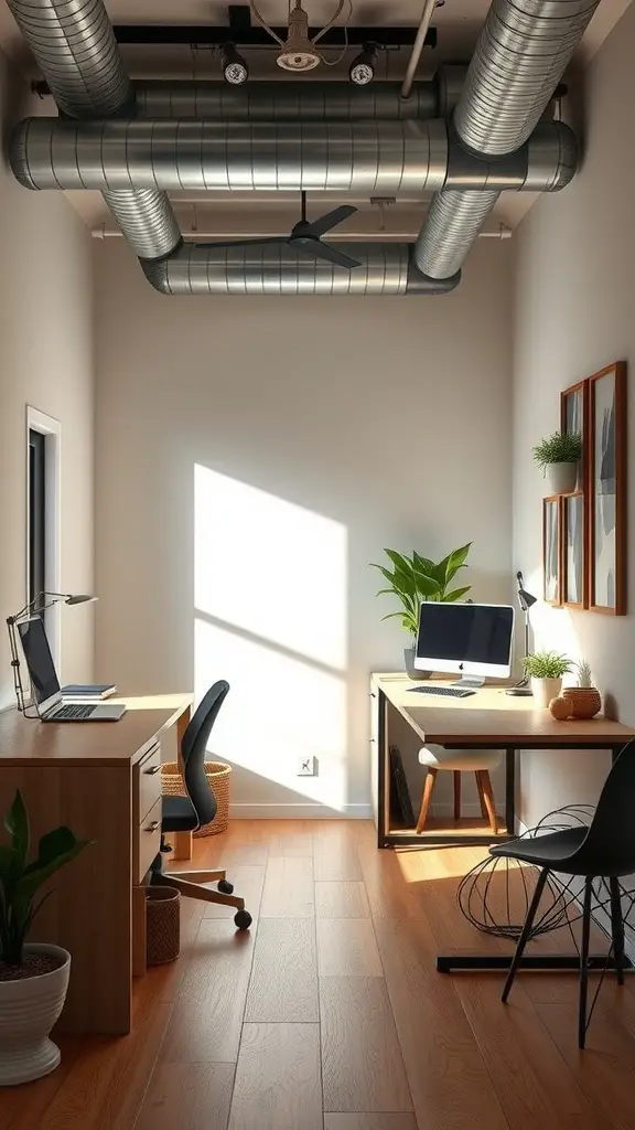 A small office with two compact desks, computers, and potted plants, featuring natural light.