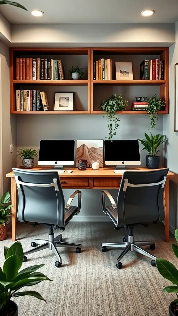 A dual workspace for couples with two chairs and computers, decorated with plants and books.