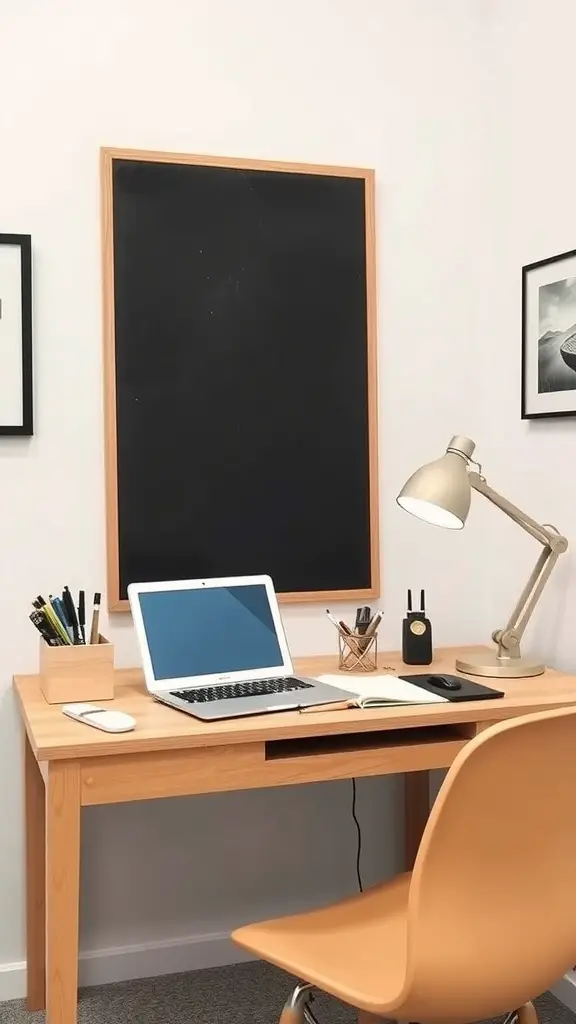 A tidy desk area featuring a laptop, notebook, lamp, and stationery in a spare room.