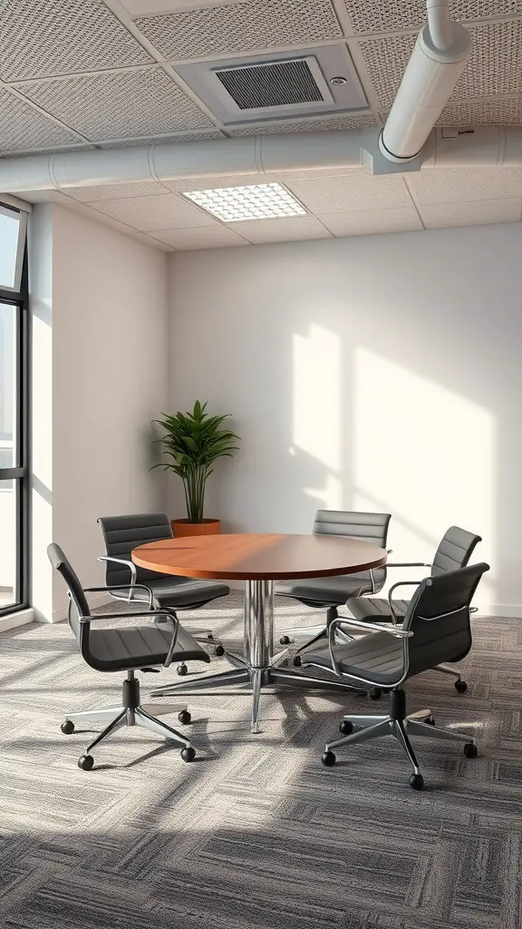 Small conference area with round table, black chairs, and a plant.