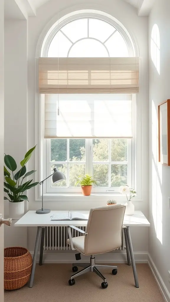 A cozy home office with soft window treatments, a desk, and plants.