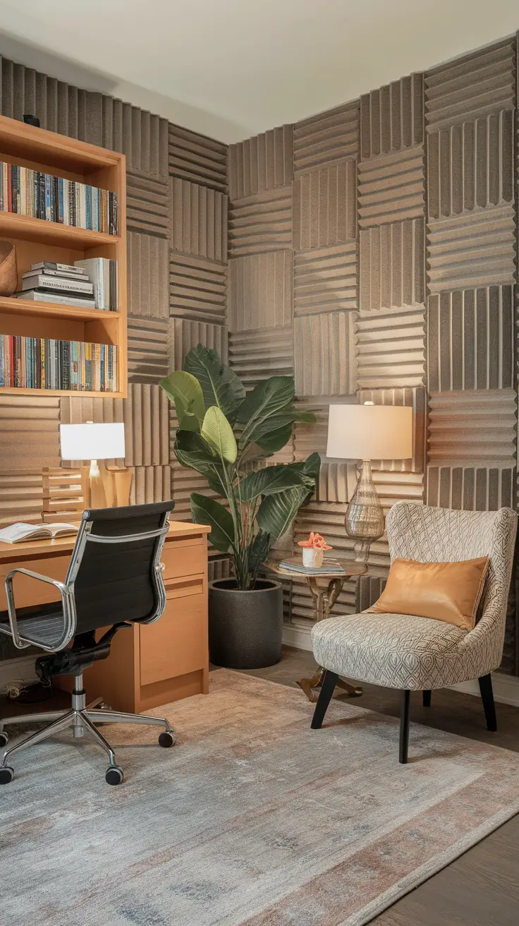 Cozy modern home office with acoustic panels, a desk, a chair, and plants