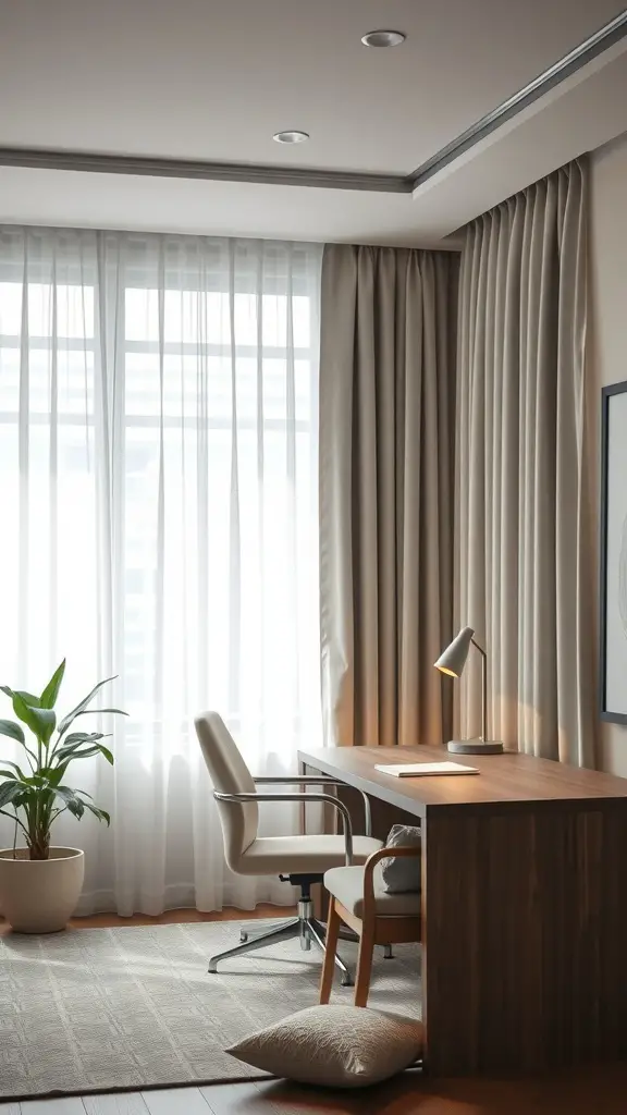 A neutral home office with large windows, soft curtains, a wooden desk, and a plant in a pot.