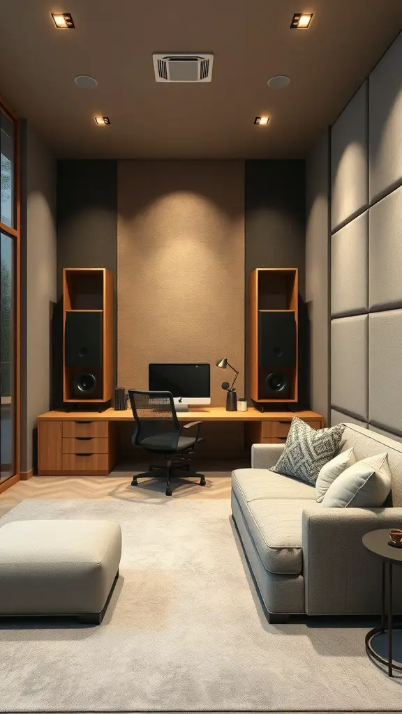 A modern home office and TV room with soundproofing features, including padded walls and heavy furniture.