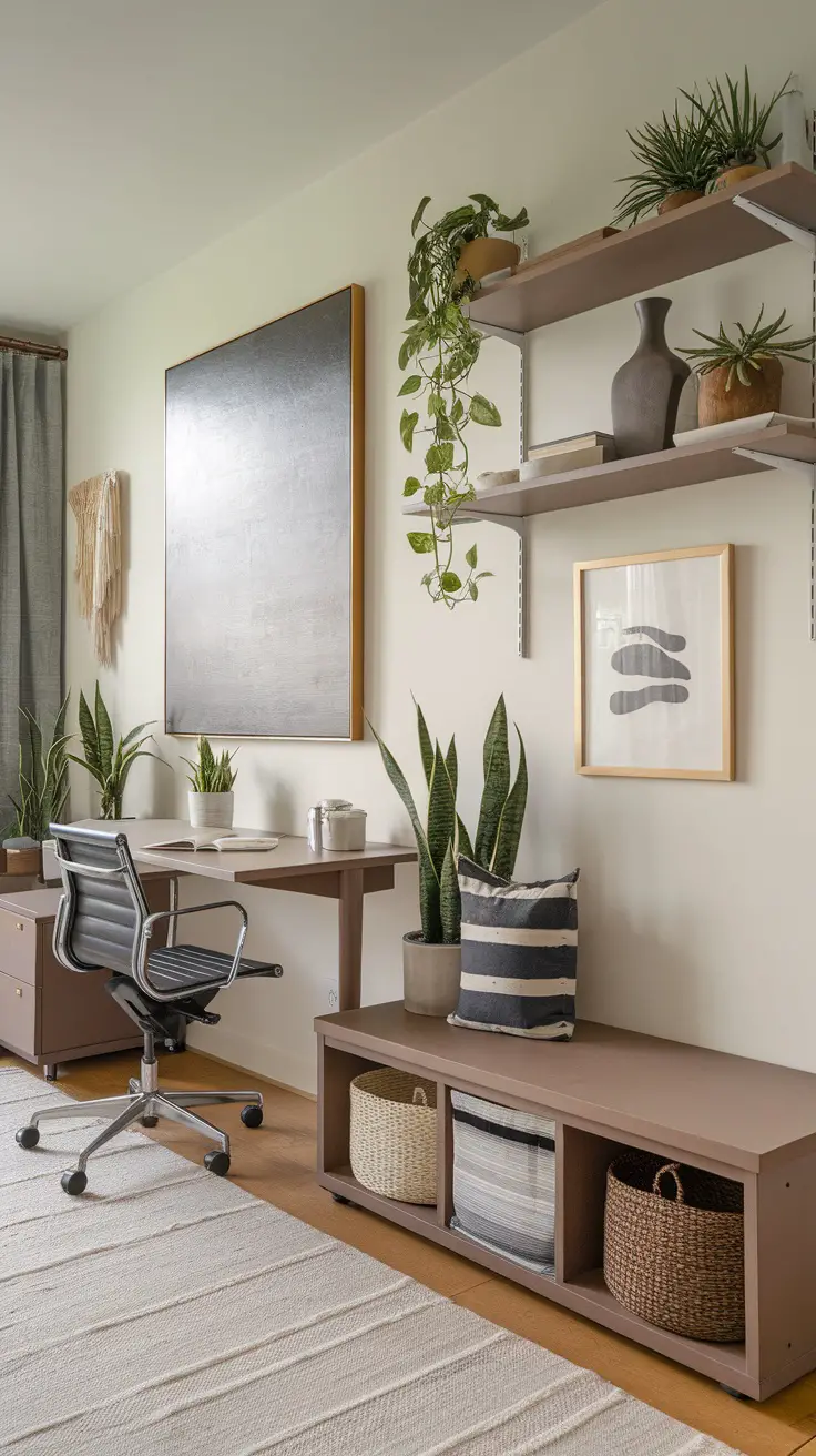 A well-designed modern home office with a compact desk, stylish chair, and storage solutions including open shelving and baskets.
