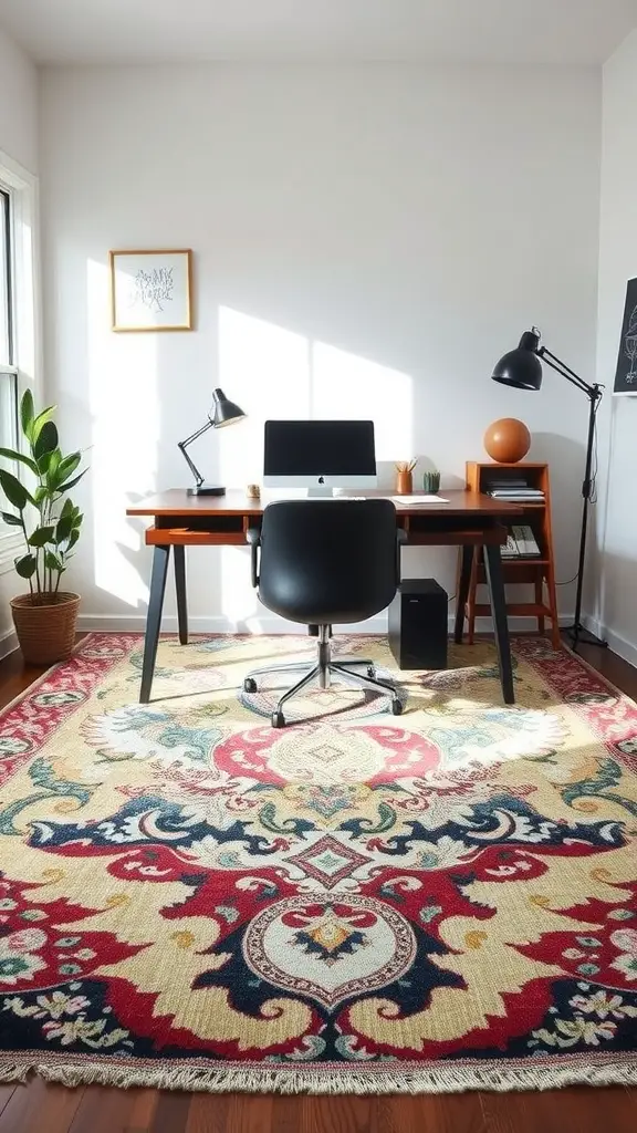 A stylish home office featuring a colorful statement rug, a desk with an iMac, and a black office chair, with natural light streaming in.