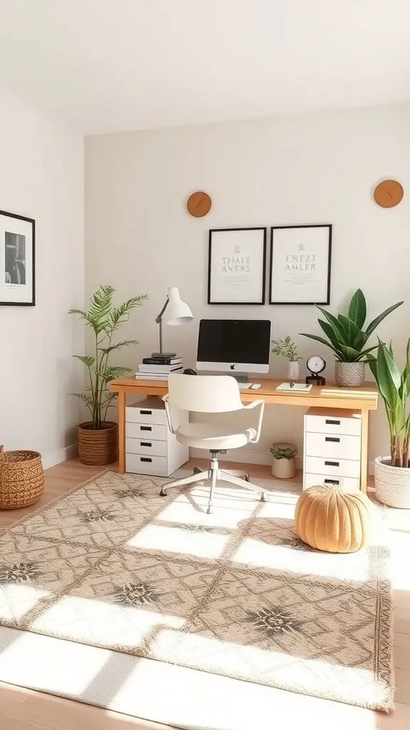 A bright home office featuring a stylish area rug, desk, and plants, creating a cozy workspace.