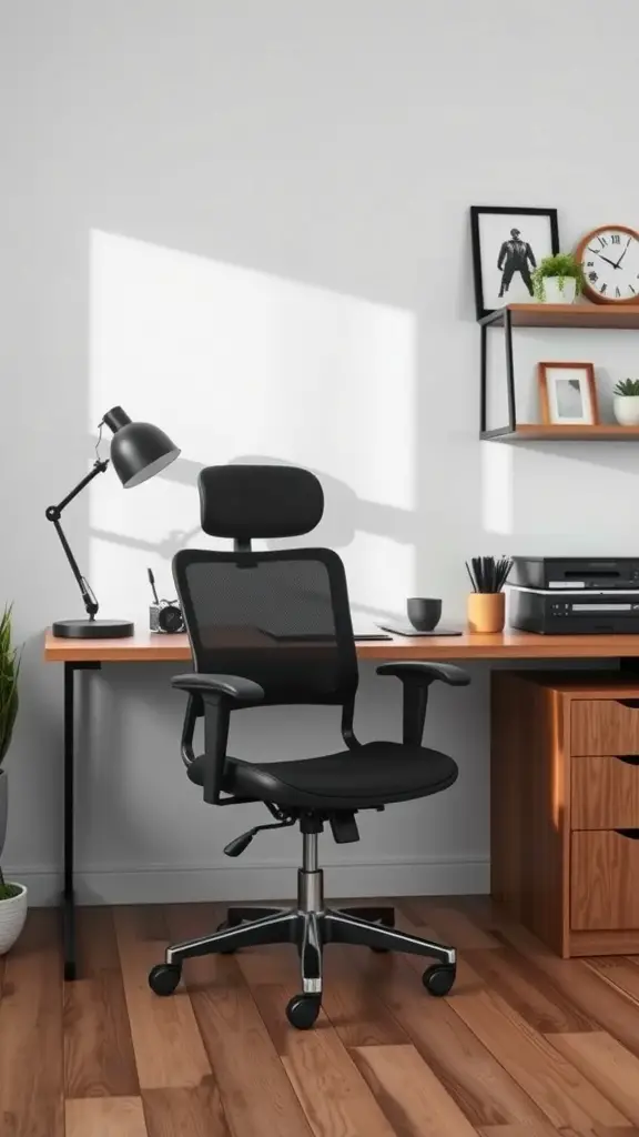A modern black desk chair in a well-organized home office setup with a wooden desk and stylish decor.