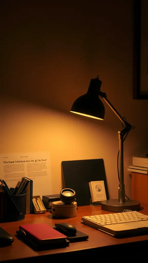 A stylish desk lamp illuminating a wooden desk with notebooks and a keyboard.