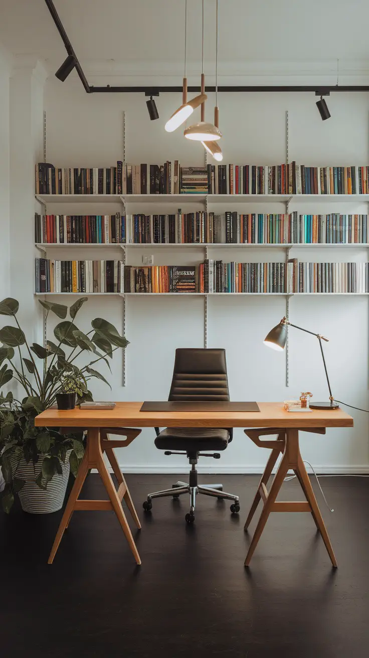 A modern home office with stylish lighting and a comfortable desk setup.