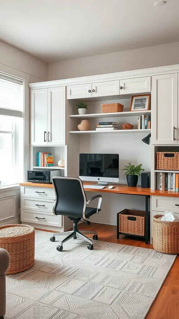 Home office setup with stylish storage solutions, including built-in cabinetry and decorative baskets.