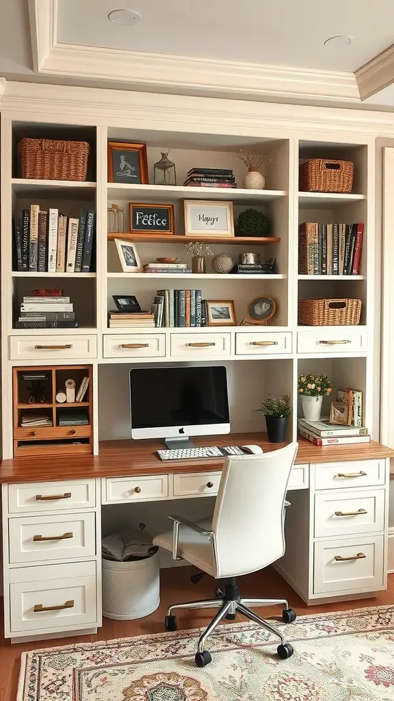A stylish built-in office desk with shelves, books, and storage solutions, featuring a computer setup and comfortable chair.