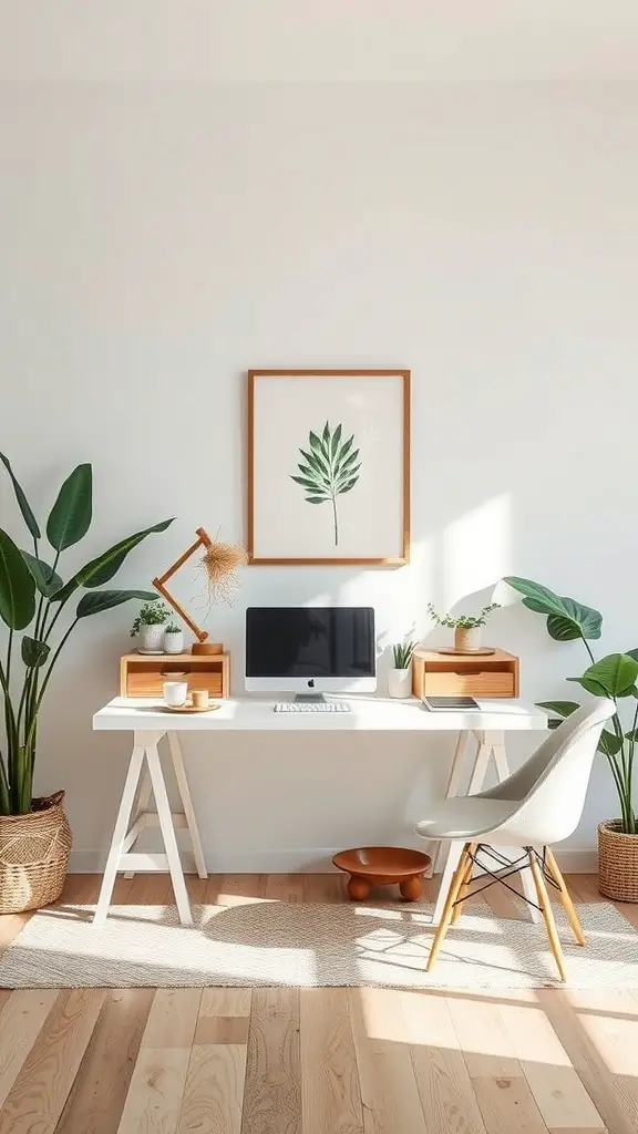 A bright and airy home office featuring a white desk, computer, and various plants, emphasizing a sustainable and neutral design.