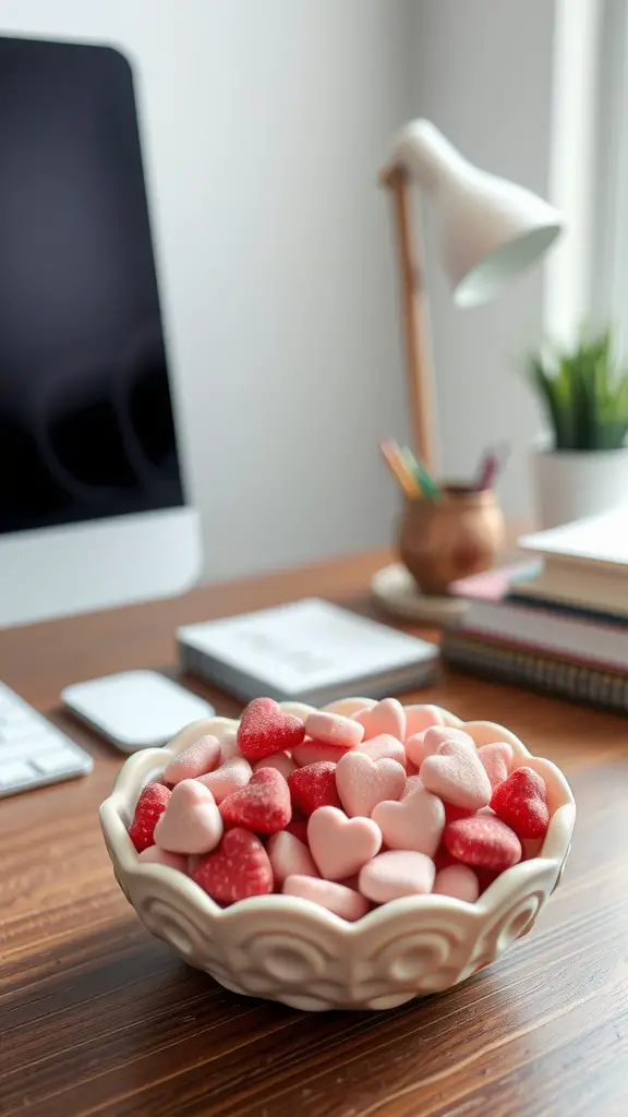 A bowl of heart-shaped candies on a wooden desk with an elegant lamp and notebook in the background.