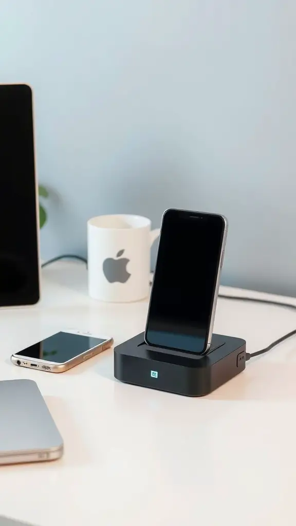 A desk featuring a charging station with a smartphone, a laptop, and a coffee mug.