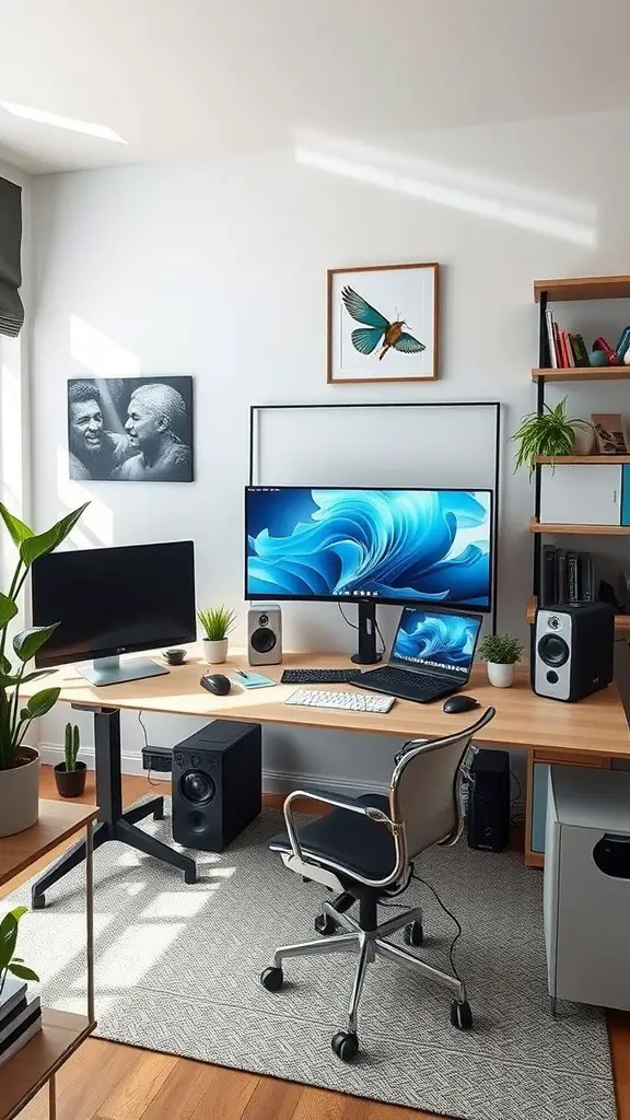 A modern home office desk setup with dual monitors, speakers, a stylish chair, and plants.