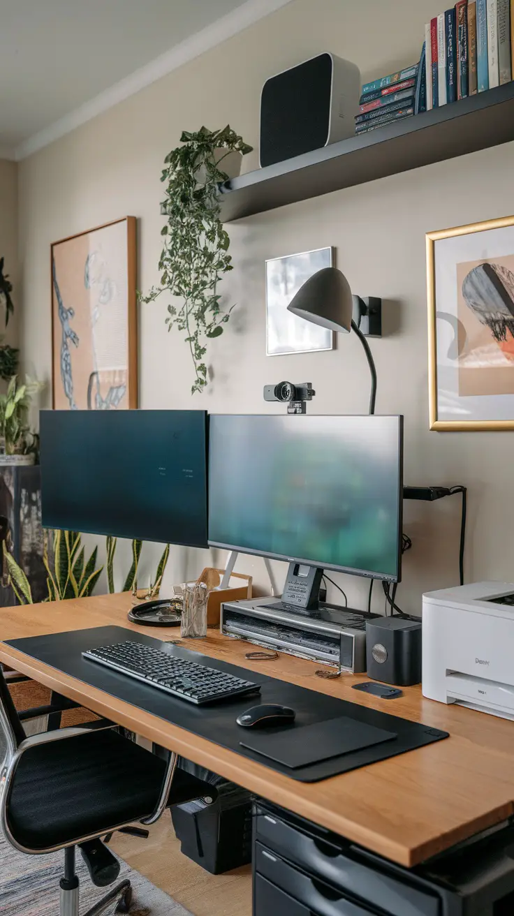 A modern home office with dual monitors, a keyboard, a web camera, and plants.