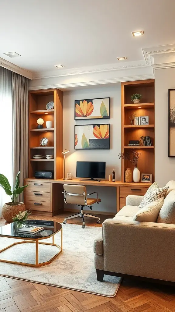 A stylish home office with a built-in desk, shelves, and a cozy seating area.